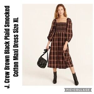 J. Crew Brown Black Plaid Smocked Cotton Maxi Dress Size XL